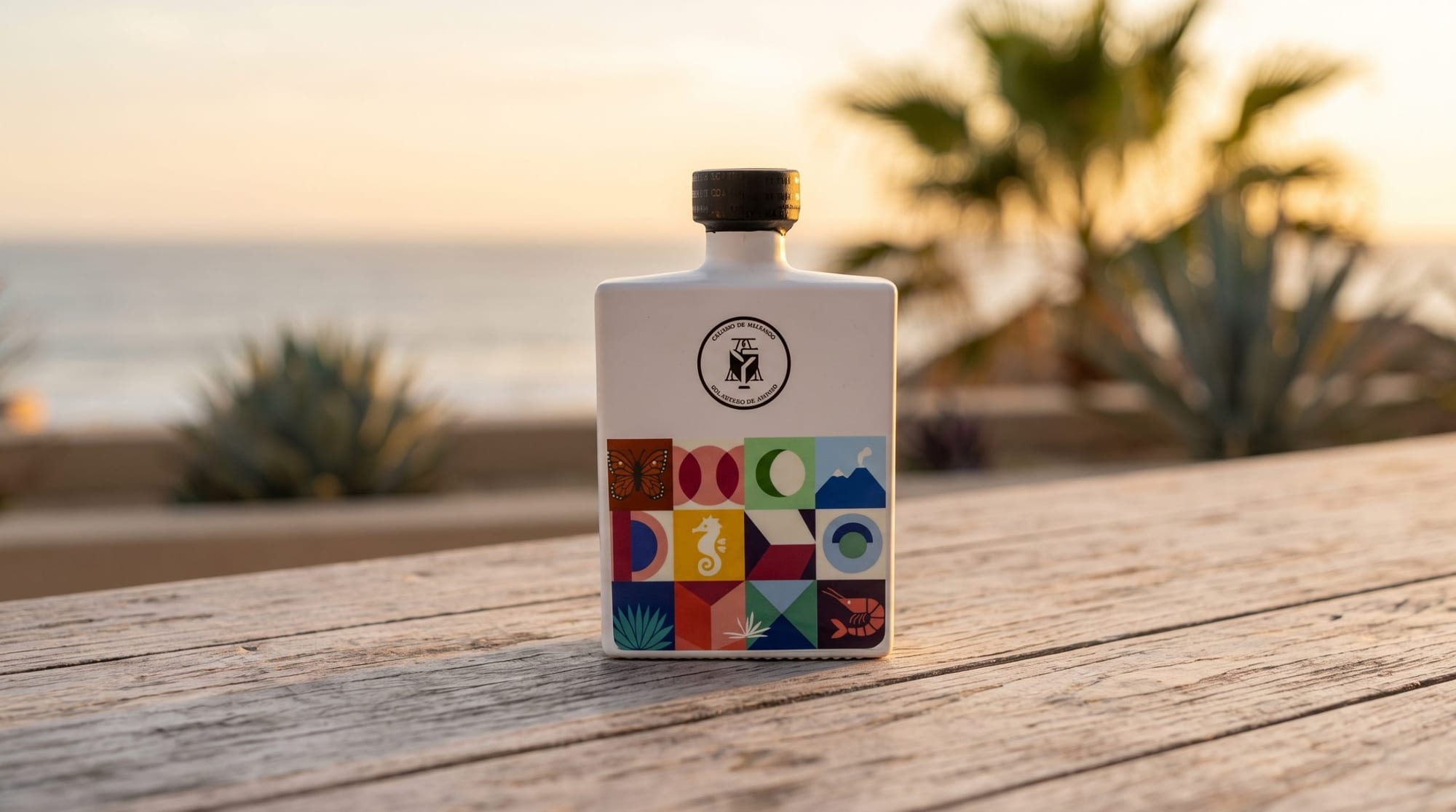 Botella personalizada frente al mar al atardecer en Los Cabos